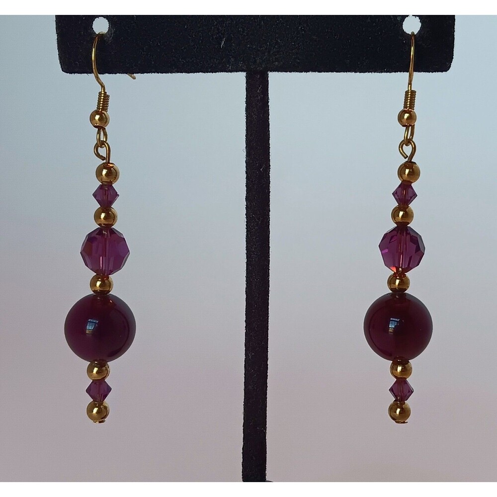 Handmade Purple Glass & Faceted Acrylic Dangle Earrings 2.75 in